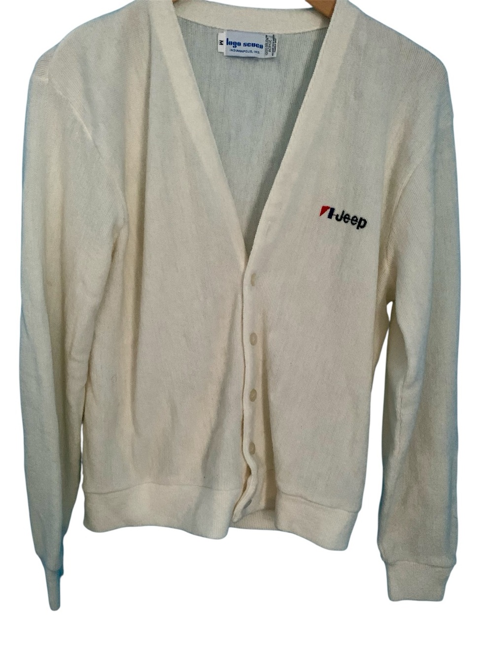 Vintage 70's 80's Cream Jeep Logo V Neck Cardigan Sweater Grandpa Rare Orlon